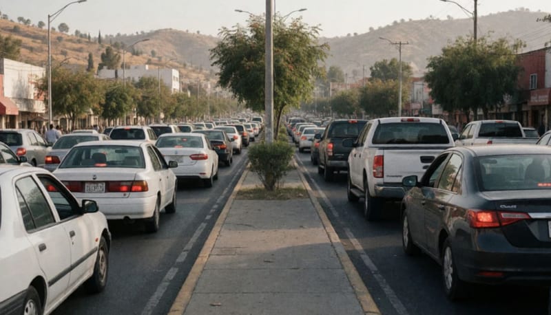 Tráfico denso de autos y camionetas en una avenida amplia con neblina de escape y cerros secos al fondo