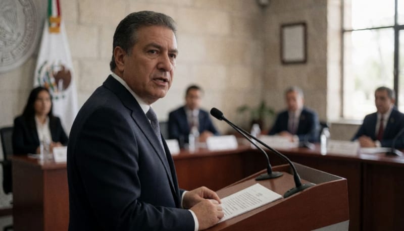 Funcionario estatal durante conferencia de prensa en oficina gubernamental de Chihuahua