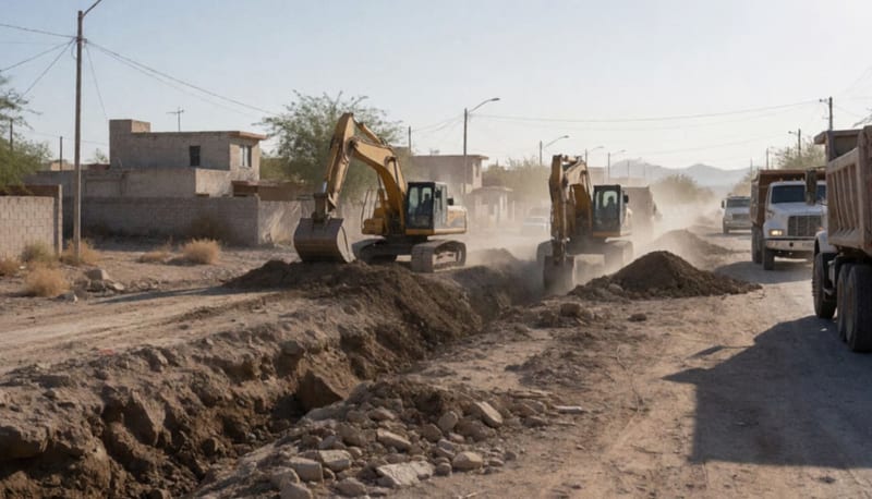 Maquinaria pesada realizando labores de desazolve en diques de una colonia de Nuevo Casas Grandes