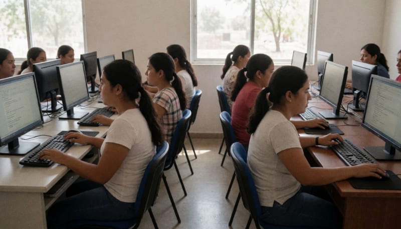 Mujeres de diferentes edades trabajando en computadoras durante una sesión de capacitación en un aula