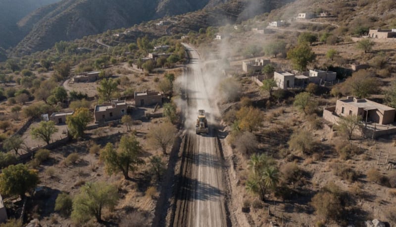 Maquinaria pesada trabajando en un camino rural del desierto chihuahuense rodeado de vegetación árida