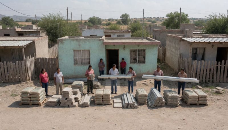 Familias con materiales de construcción apilados frente a viviendas en una calle rural de la región