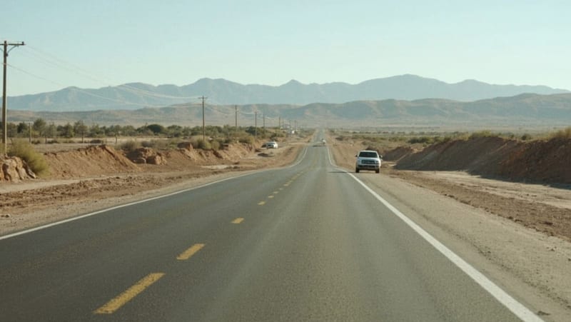 Carretera reconstruida en el municipio de Cuauhtémoc con pavimento nuevo atravesando el terreno desértico