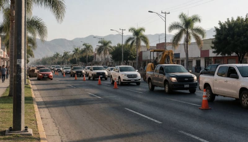 Avenida transitada con tráfico vehicular y equipo de construcción preparado para trabajos de rehabilitación vial
