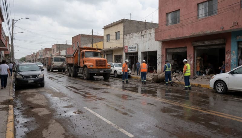 Cuadrillas municipales retirando lodo y escombros acumulados en una avenida dañada por las lluvias