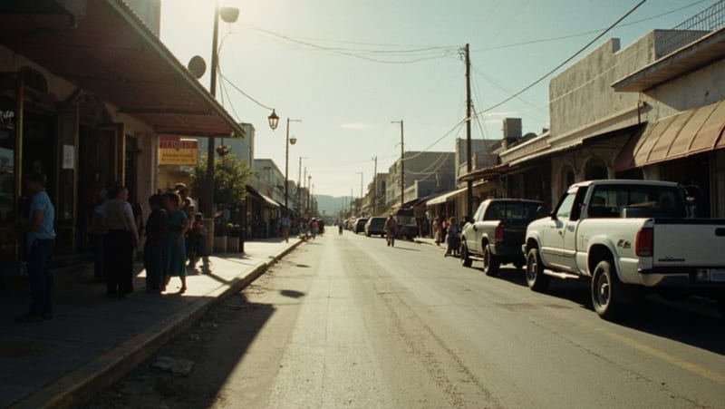 Calle principal de una pequeña ciudad del norte con comercios, vehículos estacionados y personas en la banqueta