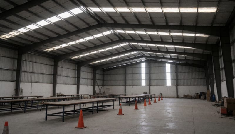 Nave industrial con charcos de agua en el piso y techo metálico dañado por donde entra la luz