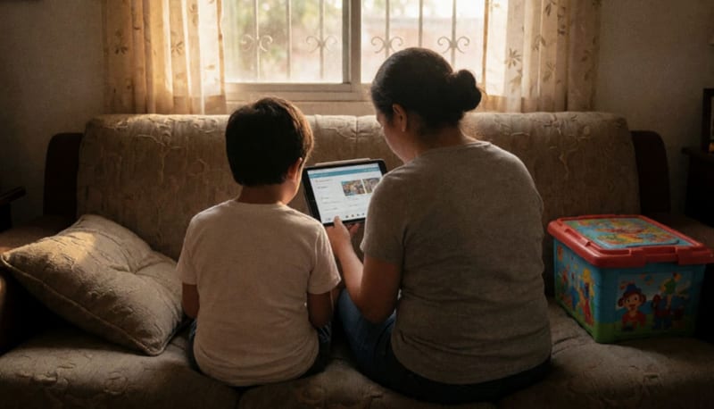 Adulto y niño sentados juntos en un sofá, vistos de espaldas, mirando una tableta en una sala iluminada por luz cálida