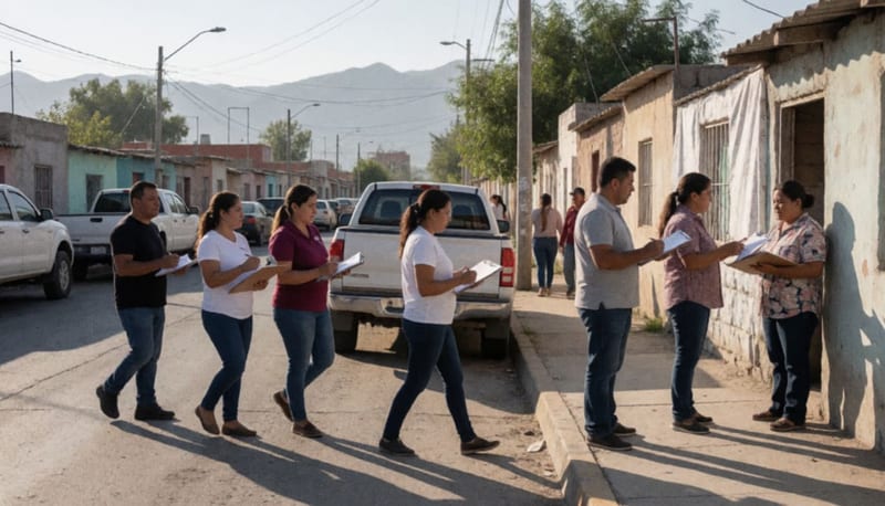 Activistas del partido recorriendo una colonia para promover la encuesta entre los ciudadanos