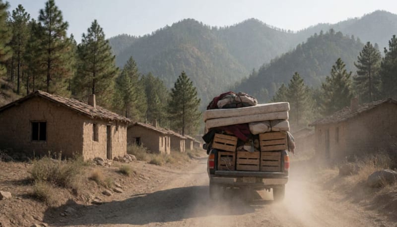 Camioneta cargada con colchones y cajas avanza por un camino de terracería entre cerros de pinos y casas abandonadas