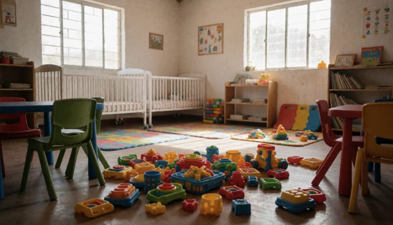 Salón de guardería con juguetes, mesas pequeñas y materiales educativos en el piso