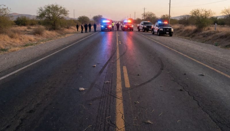 Carretera rural del norte mexicano con luces de emergencia iluminando el pavimento y zona aledaña al atardecer