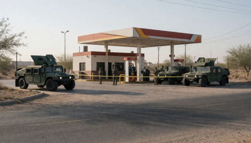 Vehículos militares y personal de seguridad desplegados alrededor de una gasolinera en zona árida de Chihuahua