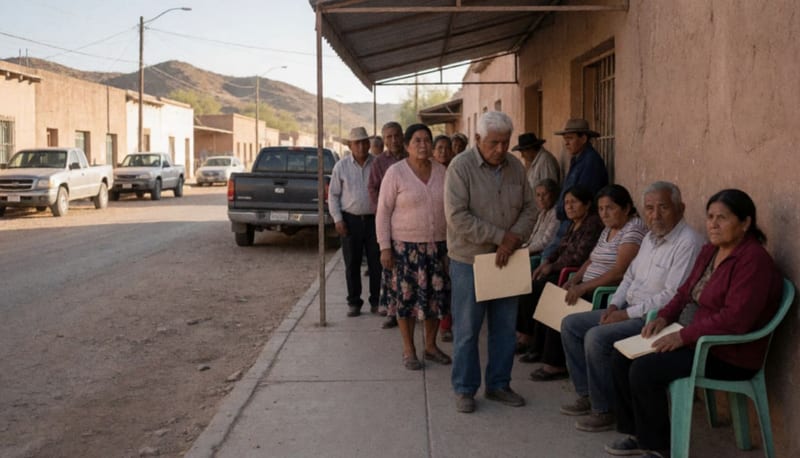 Adultos mayores esperando en fila bajo un toldo sobre una banqueta polvosa, con camionetas estacionadas y cerros del desierto al fondo