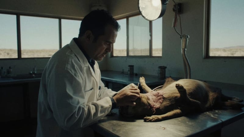 Veterinario examinando a un animal enfermo en una clínica rural del norte de México bajo iluminación quirúrgica