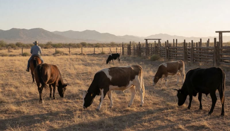 Ganado pastando en un rancho del desierto de Chihuahua al atardecer