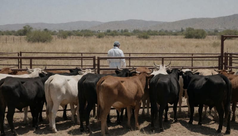 Ganado en un corral de un rancho de Chihuahua con un veterinario a lo lejos