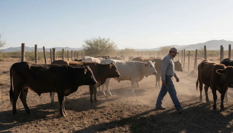 Veterinario inspeccionando ganado en un corral del desierto norteño de Chihuahua