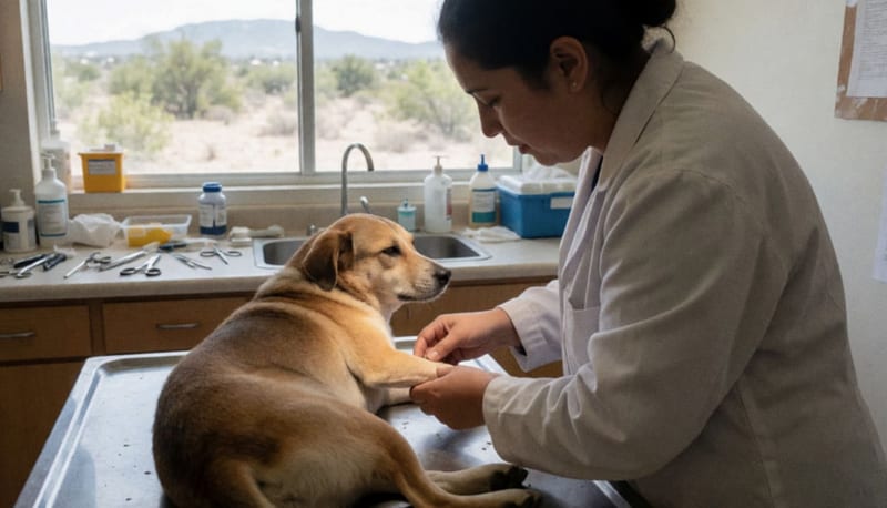 Veterinario examinando una herida en la pata de un perro sobre una camilla de clínica