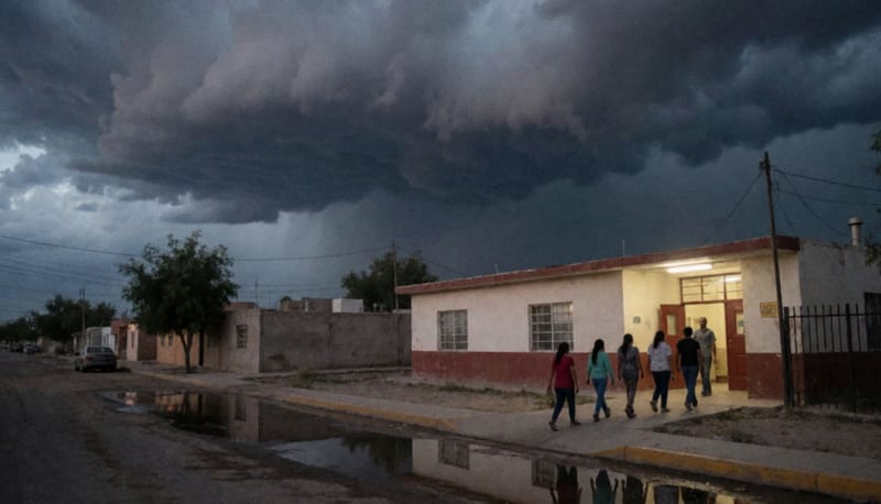 Cielo de tormenta sobre una colonia de Ciudad Juárez con una calle encharcada