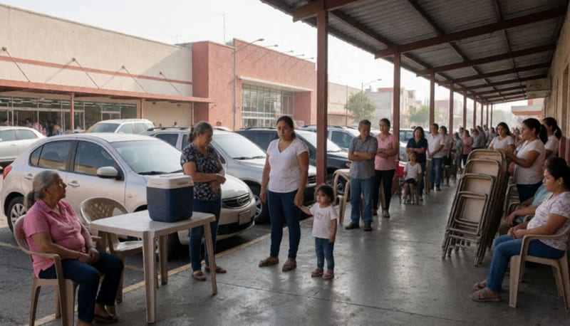 Familias y adultos mayores esperando en fila bajo un pasillo techado junto a un supermercado, con sillas plegables y autos estacionados al fondo