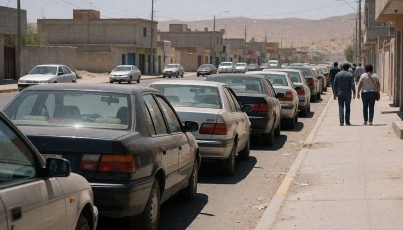 Fila de autos estacionados vistos desde atrás en una calle con cerros al fondo