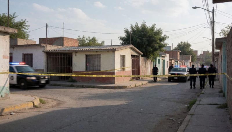 Casa acordonada con cinta amarilla de seguridad en un fraccionamiento chihuahuense, patrullas con luces activadas en la calle