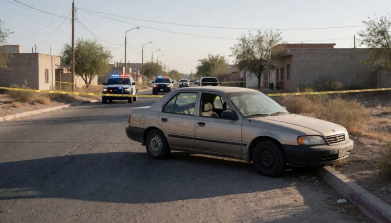 Automóvil abandonado con cinta de cordón policial en una calle residencial del desierto chihuahuense