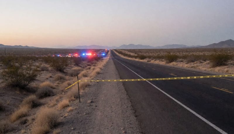 Carretera desértica de Chihuahua con luces de emergencia en el horizonte y cordones de seguridad