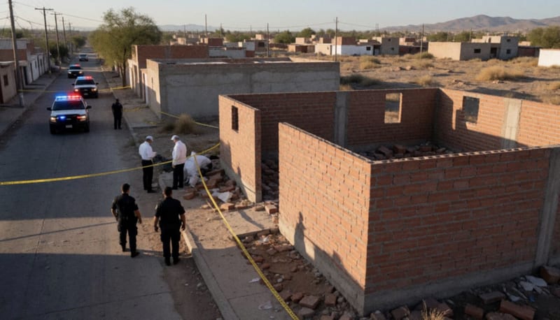 Construcción abandonada acordonada por autoridades con luces de patrullas al fondo durante investigación