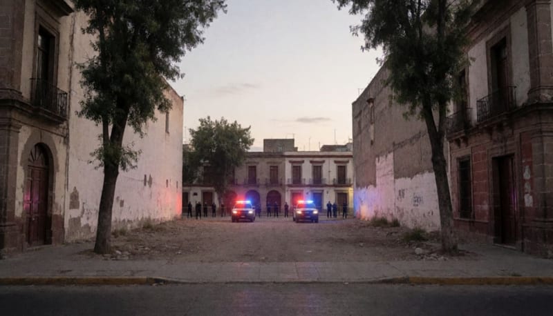 Lote baldío acordonado en el centro de una ciudad con luces de patrullas iluminando el sitio al atardecer