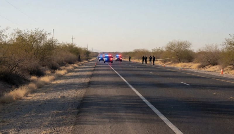 Patrullas con luces activadas en una carretera desértica del norte de Chihuahua al atardecer