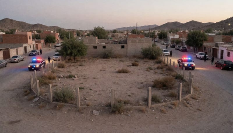 Zona residencial con cintas de seguridad y patrullas al atardecer en colonia urbana