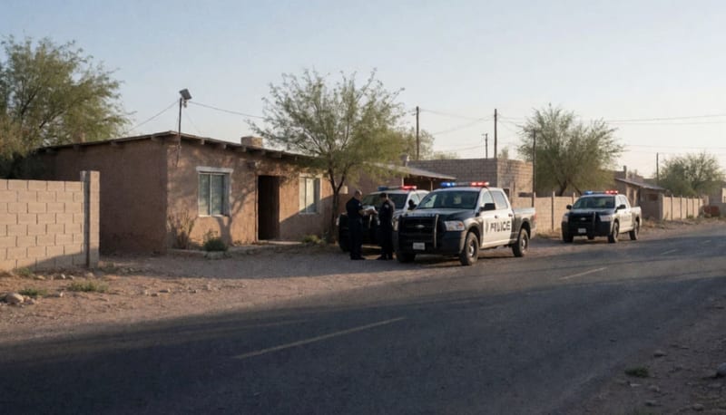 Patrullas estacionadas afuera de una vivienda en zona residencial desértica del norte de México