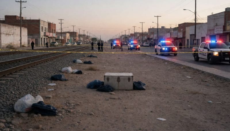 Predio acordonado con cinta de seguridad junto a vías del ferrocarril, con luces de patrullas iluminando la escena al atardecer