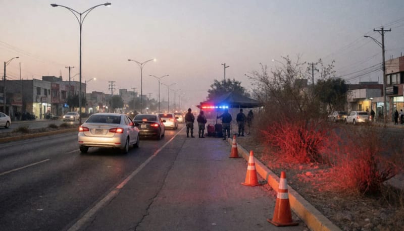 Carretera periférica al amanecer con autos detenidos, figuras de espaldas a lo lejos y luces rojas y azules sobre la maleza