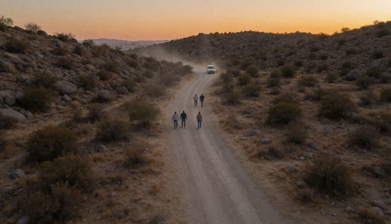 Brecha de terracería entre cerros áridos y matorral al atardecer, con algunas figuras y una camioneta a lo lejos