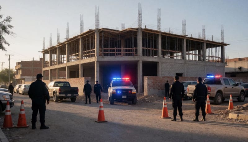 Zona acordonada en construcción con luces de emergencia reflejadas en la estructura al atardecer