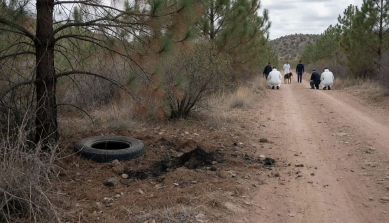 Investigadores con overoles blancos trabajan a lo lejos en un terreno quemado junto a un camino de terracería entre pinos y maleza