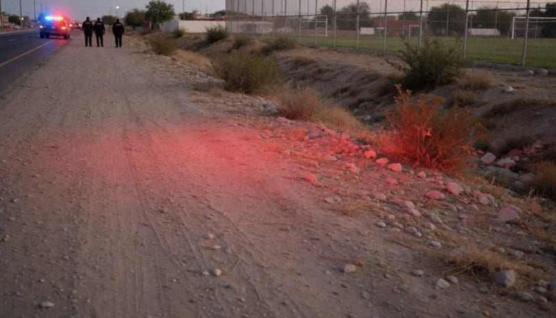 Orilla de tierra junto a una carretera árida al amanecer, bañada por luces rojas y azules, con figuras lejanas de espaldas