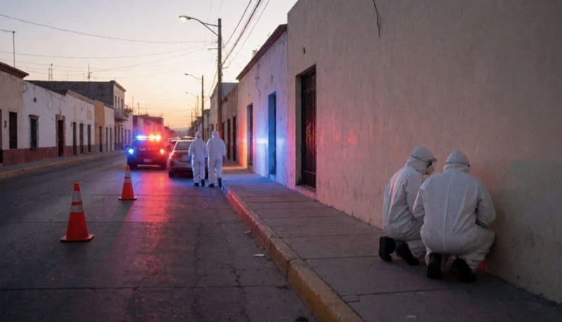 Peritos con trajes blancos vistos de espaldas junto a un muro en una calle del centro al amanecer, bañada por luces rojas y azules