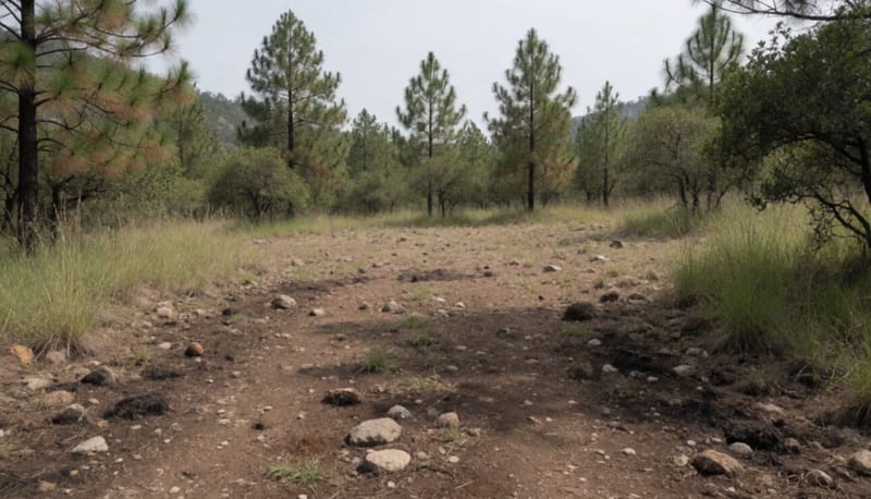 Claro de terreno seco con suelo quemado y pinos al fondo en una zona serrana