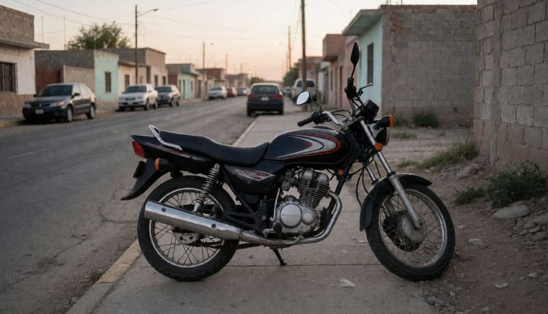 Motocicleta desmantelada estacionada sobre la banqueta de una calle residencial al atardecer