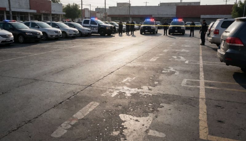 Estacionamiento de una zona comercial con patrullas y cintas de acordonamiento al atardecer