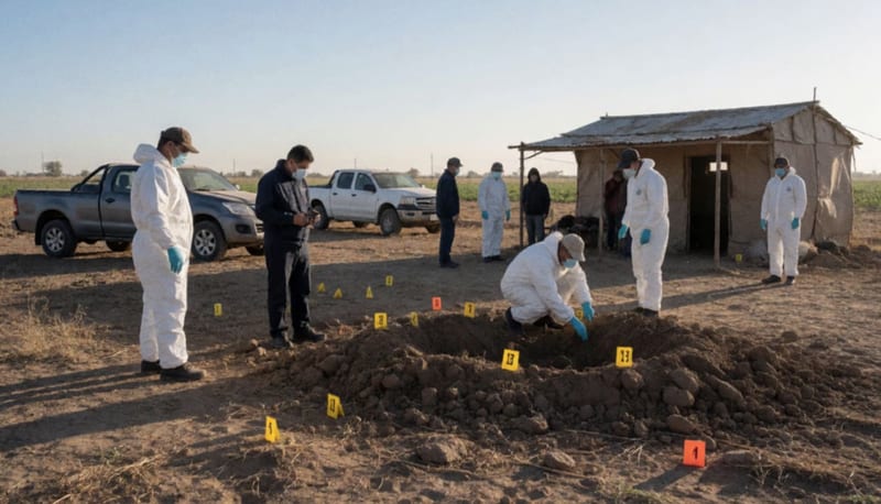 Peritos forenses trabajando en un terreno árido durante la investigación de restos óseos
