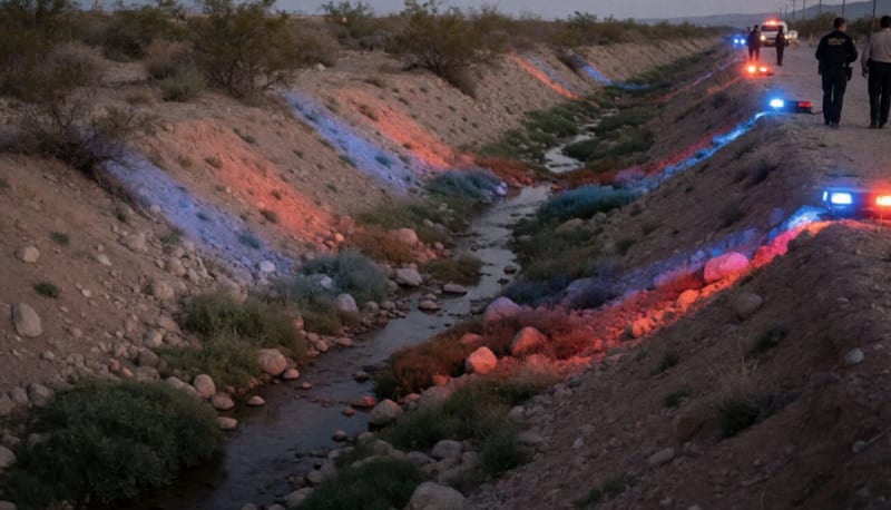 Arroyo con taludes de tierra en la colonia Mirador, luces de emergencia reflejadas al atardecer