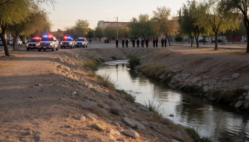 Arroyo en la zona trasera de un parque con personal de emergencia estableciendo un perímetro de seguridad al atardecer