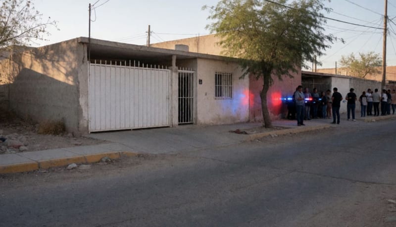 Casa de la colonia Renovación en Chihuahua donde fue hallado el cuerpo, con luces de patrullas iluminando la escena