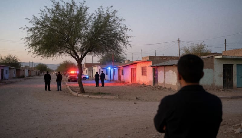 Árbol de mezquite junto a una calle de tierra al anochecer con luces rojas y azules sobre las casas