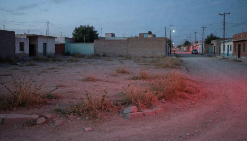 Terreno baldío con maleza seca al amanecer, con luces rojas y azules a lo lejos sobre una calle de terracería